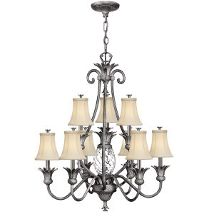 Plantation large 10 light chandelier in antique nickel on white background