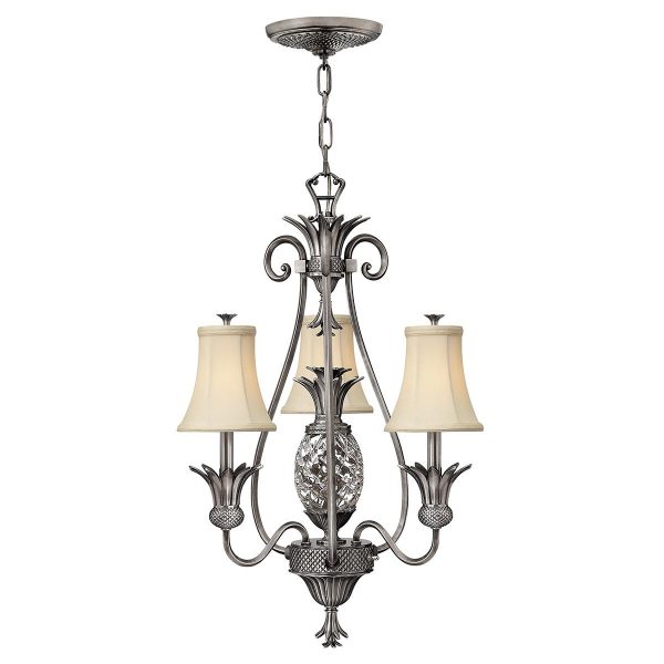 Hinkley Plantation 3 light chandelier in antique nickel on white background