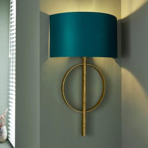 Hoop single lamp gold leaf wall light with half round teal shade main image