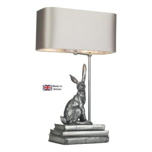 Hopper handmade 1 light right facing hare table lamp base only in pewter on white background lit