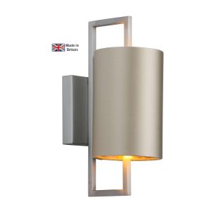 Hampstead single wall light in brushed chrome with bespoke shade on white background lit