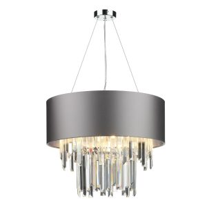 Hurley 6 light crystal pendant with bespoke fabric shade shown in Seal silk on white background