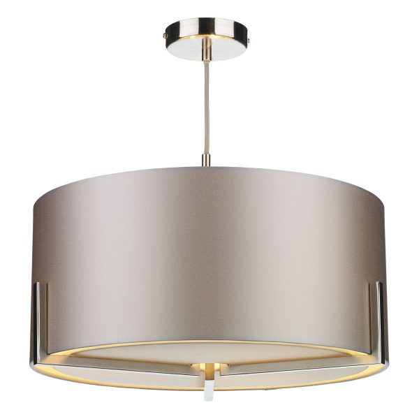 Huxley modern 3 light pendant in satin chrome with bespoke fabric shade on white background lit