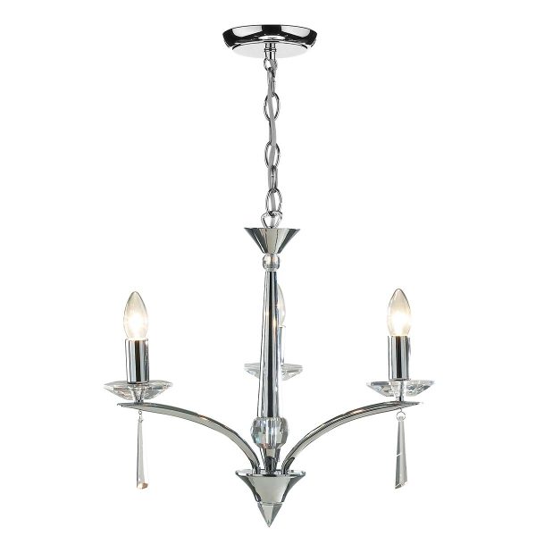 Hyperion 3 arm dual mount chandelier in polished chrome, full height on white background