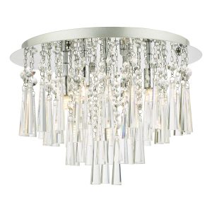 Iclyn stunning 5 light flush crystal ceiling light in polished chrome on white background lit