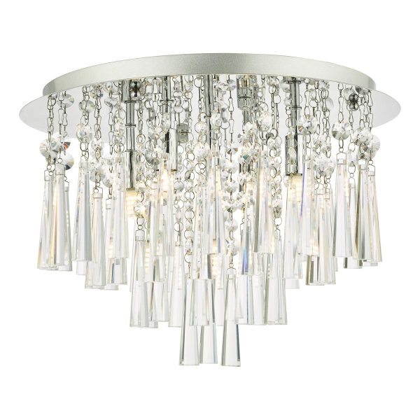 Iclyn stunning 5 light flush crystal ceiling light in polished chrome on white background lit