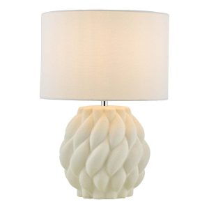 Idonia white ceramic table lamp with linen drum shade on white background lit