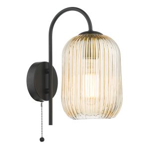 Idra single switched wall light with ribbed champagne glass shade in matt black, on white background lit