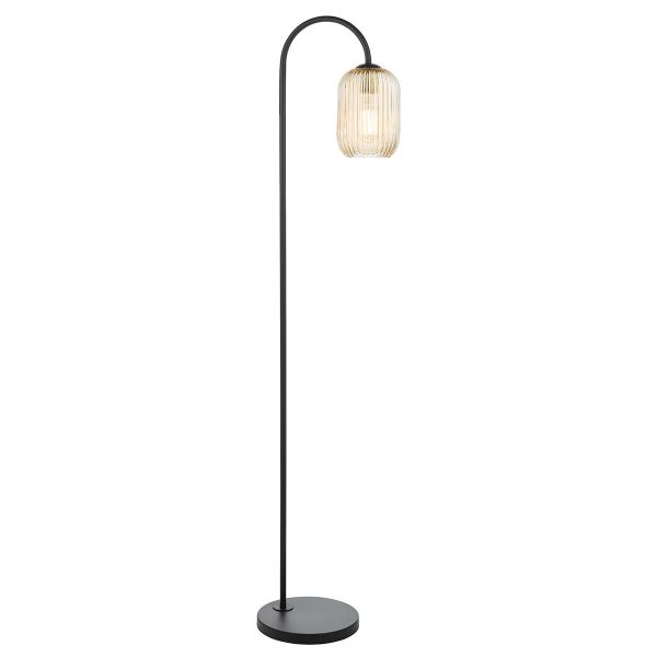 Idra matt black floor lamp with ribbed champagne glass shade on white background lit