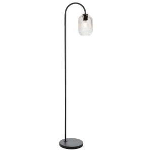 Idra matt black floor lamp with clear ribbed glass shade on white background lit