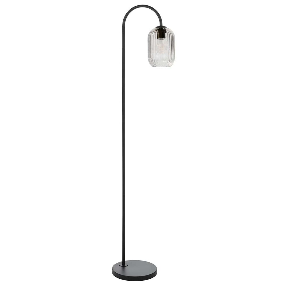 Dar Idra Matt Black Floor Lamp Clear Ribbed Glass Shade