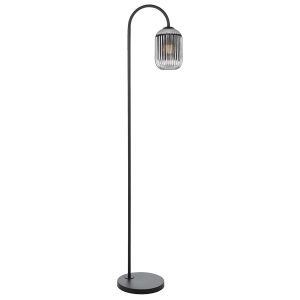 Idra matt black floor lamp with ribbed smoked glass shade on white background lit