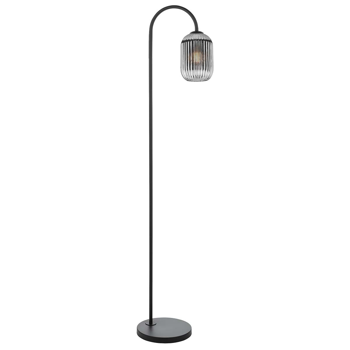 Dar Idra Matt Black Floor Lamp Ribbed Smoked Glass Shade