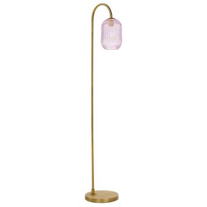 Idra aged bronze floor lamp with ribbed pink glass shade on white background lit