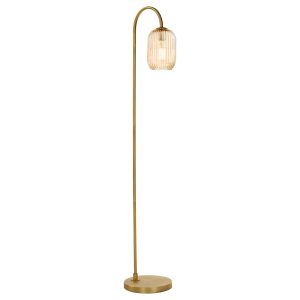 Idra aged bronze floor lamp with ribbed champagne glass shade on white background lit