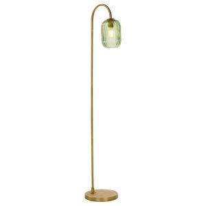 Idra aged bronze floor lamp with ribbed green glass shade on white background lit