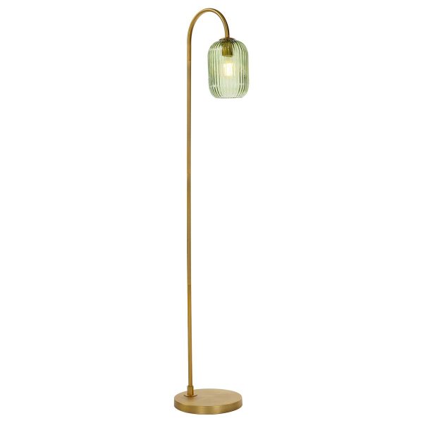 Idra aged bronze floor lamp with ribbed green glass shade on white background lit