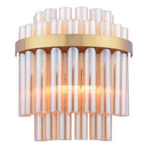 Imani 2 lamp Art Deco wall light in natural solid brass with champagne glass rods, on white background lit