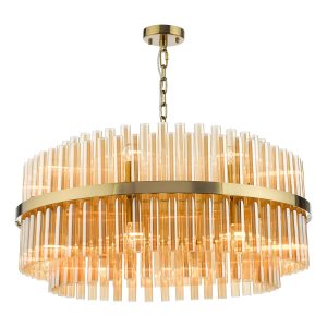 Imani large 16 light Art Deco pendant in natural solid brass with champagne glass rods, on white background lit