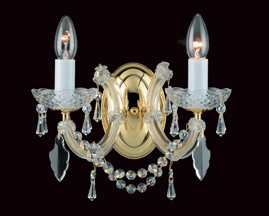 Impex Marie Theresa Glass Arm 2 Light Strass Crystal Wall Light Gold