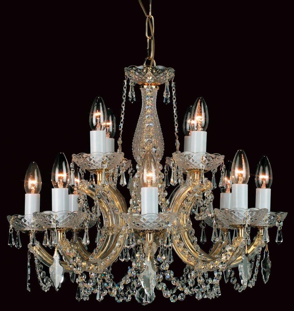 Impex Marie Theresa Glass Arm 12 Light Strass Crystal Chandelier Gold