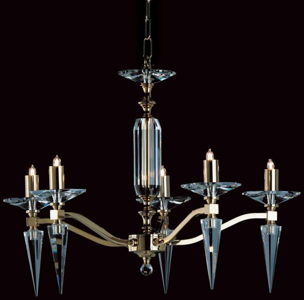 Impex Forli 5 light gold finish chandelier optic glass on black background.