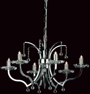 Impex Bayonne optic glass 6 light chandelier in polished nickel shown on black background.