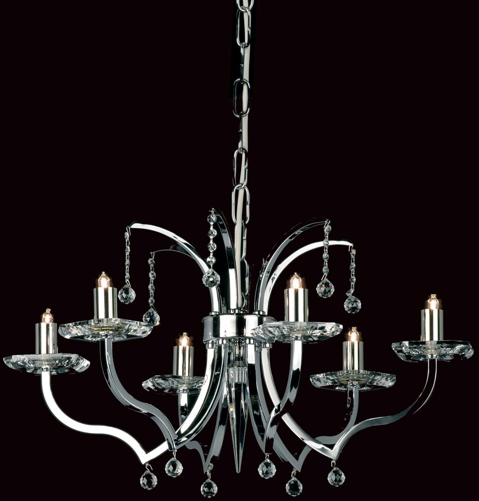 Impex Bayonne optic glass 6 light chandelier in polished nickel shown on black background.