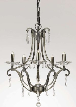 Impex Salerno 5 Light Versailles chandelier with crystal shown on grey background.