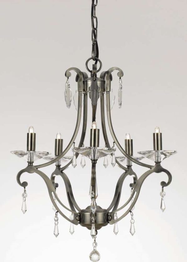 Impex Salerno 5 Light Versailles chandelier with crystal shown on grey background.