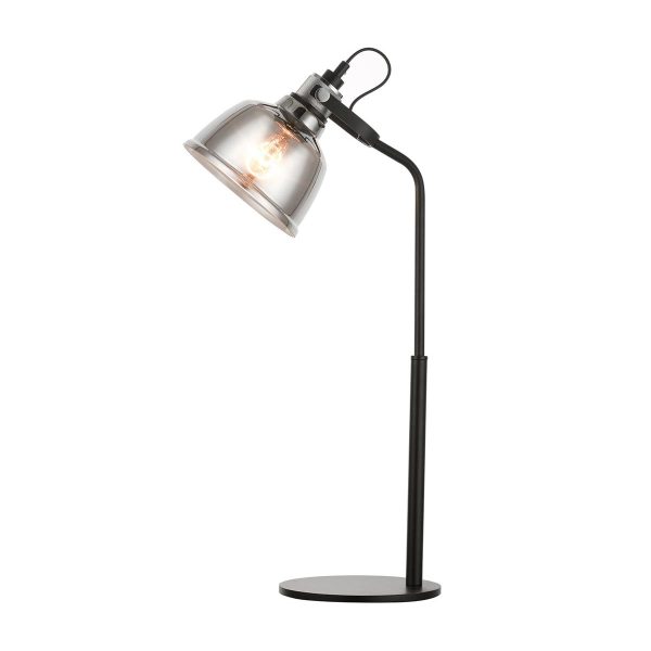 Impex Ava industrial 1 light table lamp in matt black with smoked glass shade