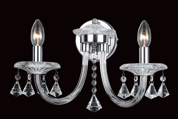 Impex Calgary classic twin wall light in polished chrome with crystal and glass on white background