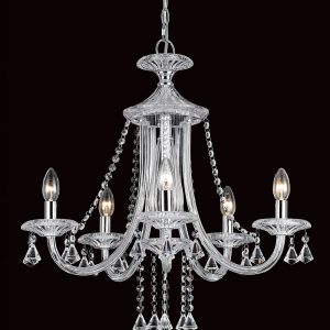 Impex Calgary classic 5 arm chandelier in polished chrome with crystal and glass on white background