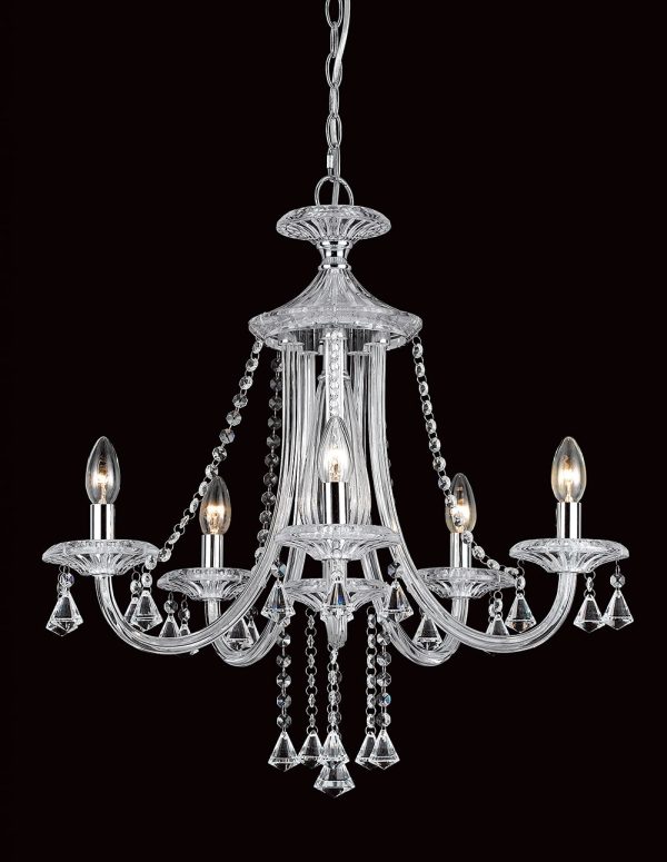 Impex Calgary classic 5 arm chandelier in polished chrome with crystal and glass on white background