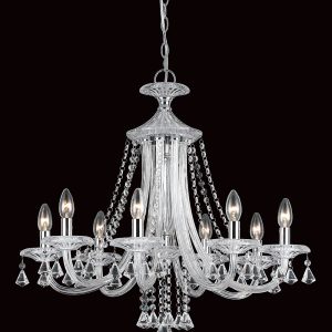 Impex Calgary classic 8 arm chandelier in polished chrome with crystal and glass on white background