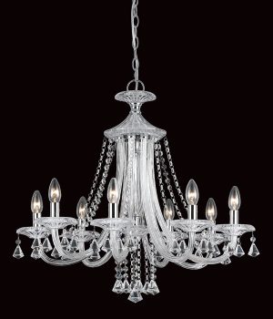 Impex Calgary classic 8 arm chandelier in polished chrome with crystal and glass on white background