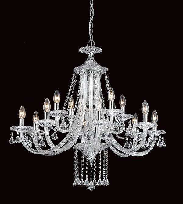 Impex Calgary large 12 arm 2 tier chandelier in polished chrome with crystal and glass on white background