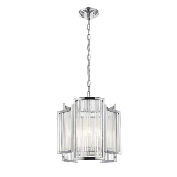 Impex Antigua 3 light Art Deco style pendant with crystal rods in chrome on white background