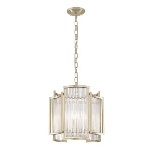 Impex Antigua 3 light Art Deco style pendant with crystal rods in matt gold on white background
