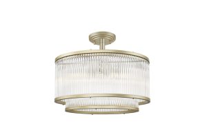 Impex Antigua 5 light 2 tier semi flush ceiling light with crystal rods in matt gold on white background