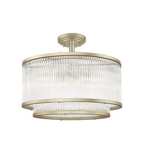 Impex Antigua 5 light 2 tier semi flush ceiling light with crystal rods in matt gold on white background