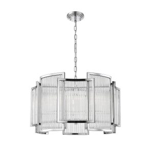 Impex Antigua 5 light Art Deco style pendant with crystal rods in chrome on white background