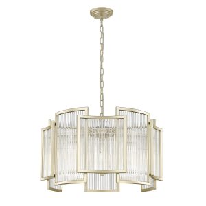 Impex Antigua 5 light Art Deco style pendant with crystal rods in matt gold on white background