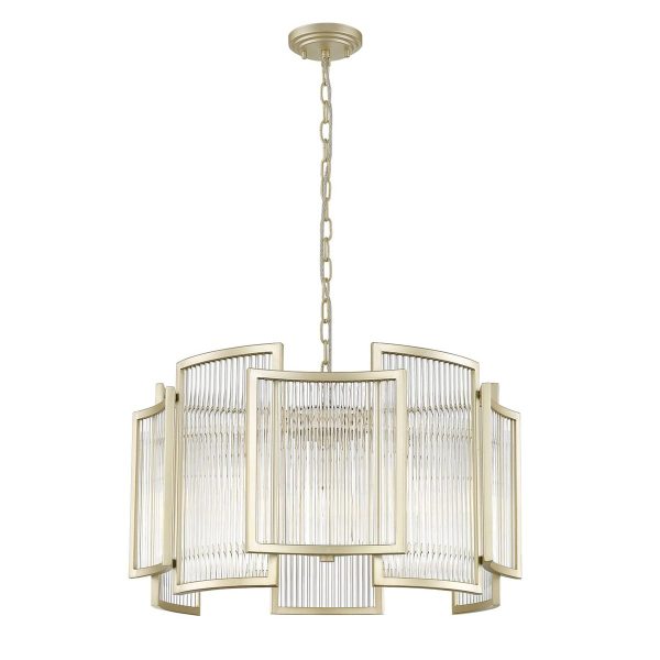 Impex Antigua 5 light Art Deco style pendant with crystal rods in matt gold on white background