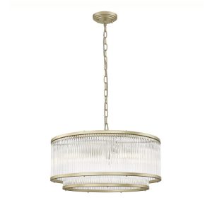 Impex Antigua 6 light 2 tier ceiling pendant with crystal rods in matt gold on white background