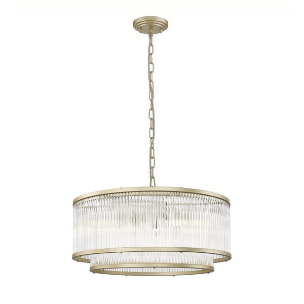 Impex Antigua 6 light 2 tier ceiling pendant with crystal rods in matt gold on white background