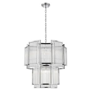 Impex Antigua 8 light 2 tier Art Deco style chandelier with crystal rods in chrome on white background