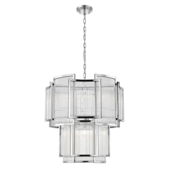 Impex Antigua 8 light 2 tier Art Deco style chandelier with crystal rods in chrome on white background