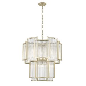 Impex Antigua 8 light 2 tier Art Deco style pendant with crystal rods in matt gold on white background