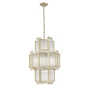 Impex Antigua 11 light 3 tier Art Deco style large pendant with crystal rods in matt gold on white background